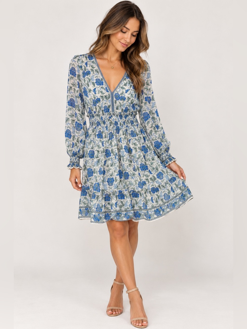 Max Studio Blue Floral Long Sleeve Smocked Waist Dress Size S